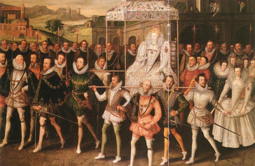 THE COURT THE COURT OF QUEEN ELIZABETH I was made up of courtiers, ABOVE: The procession of Queen Elizabeth I. She is surrounded by her courtiers, ladies maids, and favored knights.