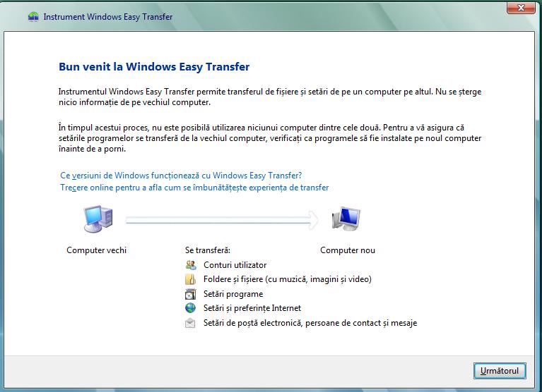 Windows Easy Transfer asigură mai multe moduri de conectare între două calculatoare în vederea transferului de date.
