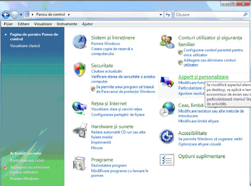 modificarea temei ; dintre temele disponibile se alege Windows Vista. 2. Se va schimba apoi schema de culori şi se alege Windows Aero.