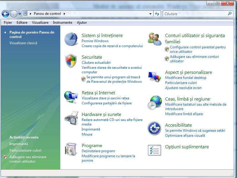 2.6. Configurarea mediului de operare: programul Panou de control (Control Panel) Mediul de operare al sistemului Windows Vista poate fi modificat, adaptat sau personalizat în aşa fel încât să