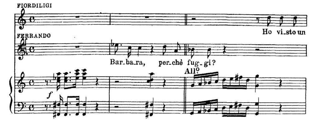akordika koosmängu. Antud taktis tekkis seega üleliigne paus solisti repliigi ning orkestri akordide vahetusel. Sama etenduse teises vaatuses kordus analoogne olukord. Näide Nr. 6. W. A. Mozart, Cosi fan tutte, Fiordiligi ja Ferrando retsitatiiv, 2.