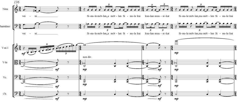 Rütmiline struktuur (sõnarõhu ja takti löökide erinevus) ning rohked pided solistide partiides 15. näites raskendavad orkestri omapoolset partiide suhestamist solistiga.