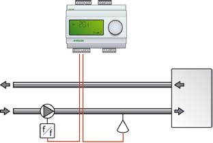 The setpoint is automatically adjusted according to the outdoor temperature. A single PI control loop is used. The output signal will increase when the pressure signal falls below the setpoint value.