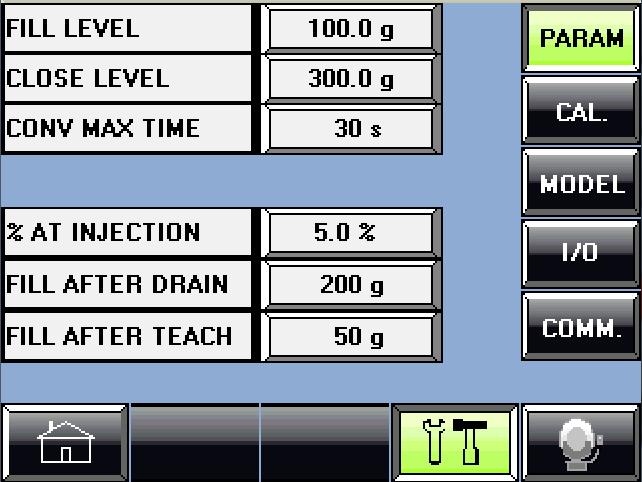 User Manual 12.2.1.1. Parameters Press the PARAM button to access the parameters screen. The parameters screen contains operation parameters of the weighing bin and the material conveyer.