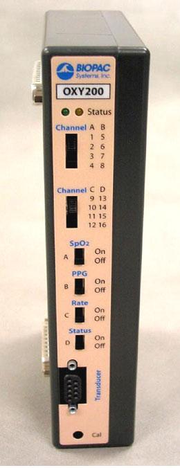 The OXY100E outputs four signals simultaneously: A: SpO 2 value (Ch 1, 2, 3, or 4) B: Pulse Plethysmogram (Ch 5, 6, 7, or 8) C: Heart pulse rate (Ch 9, 10, 11, or 12) D: Module Status (Ch 13, 14, 15,