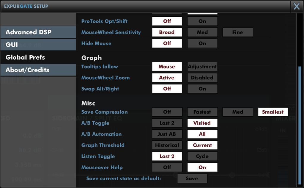 Graph Tooltips follow allows you to choose whether the EQ graph tooltips respond to mouse movement, or adjustments made by a control surface.