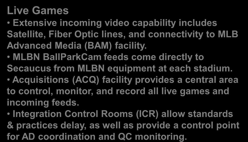 MOC ACQ IRC Facility Overview BAM Game Data MLBP Archive Video Tapes Nesbit MLS Live Games Clean Feeds Dirty Feeds Matrix Feeds Game Cams 115 Incoming paths 3 Satellite Dishes BallParkCam Remote