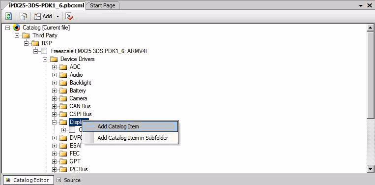 Modifying the BSP Right-click the Display folder and select Add Catalog Item as shown in Figure 18. Figure 18. Add Catalog Item 4. Modify the properties of the catalog item as listed in Table 19.