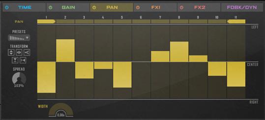 Interface: Pan Editor Spread Width PAN Use the Gain modulation sequencer to change the level of each delayed signal. Gain range can be customized to suit the need for subtle or extreme gain changes.