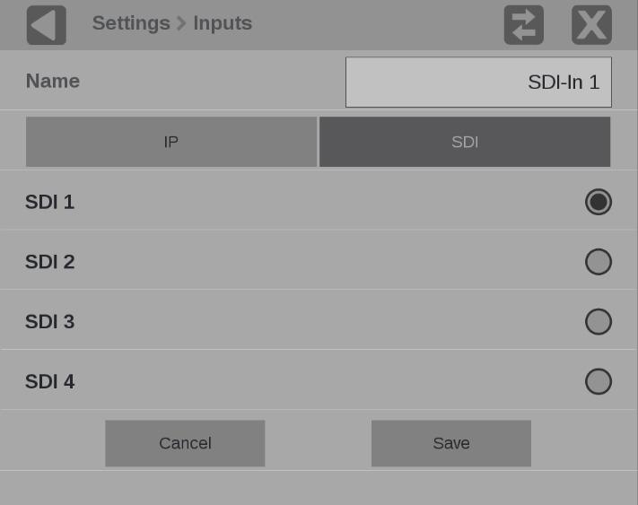 How to configure the instrument 4. To configure the selected input for an SDI signal, perform these steps: a. Select SDI to view a list of the four SDI inputs. Figure 14: SDI signal configuration b.