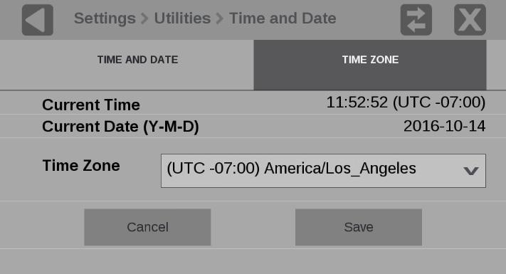 How to configure the instrument 5. Touch TIME ZONE to open the submenu shown below. Figure 27: Time Zone submenu 6.