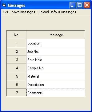 Set Test Messages This enables the Test Messages to be customized to each particular application. The screen below shows the initial default values.