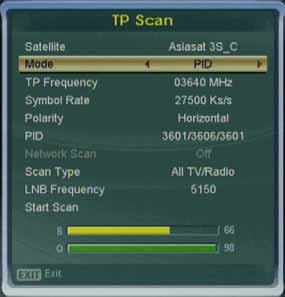 8.3.3 PID transponder scan Set the Mode option to PID by using the Navigation-Buttons left/right to scan a desired PIDs on a single transponder. Mode : Select PIDmode.
