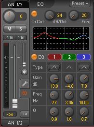 A click on EQ opens the Equalizer panel. It is available in all input and output channels, and affects all routings of the respective channel (pre fader).