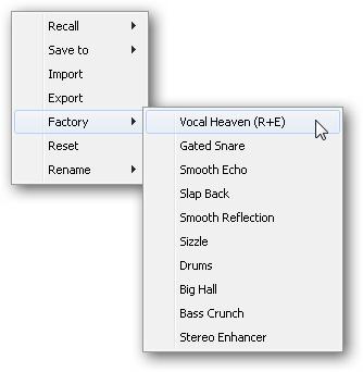 Preset. Settings of the Reverb and the Echo can be stored, loaded, and copied between channels at any time.