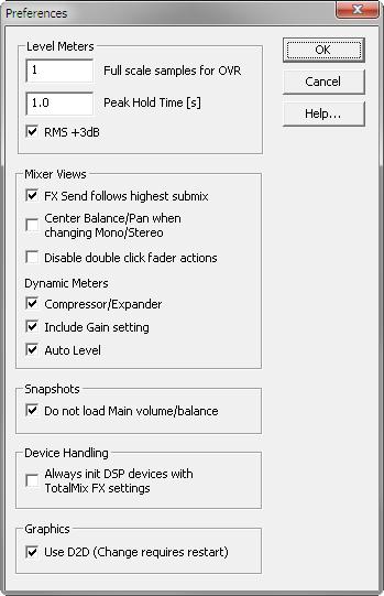 21.7 Preferences The dialog Preferences can be opened via the Options menu or directly via F2. Level Meters Full scale samples for OVR.