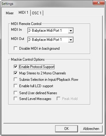 21.8.2 MIDI Page The MIDI page has settings for MIDI remote control via CC commands or Mackie Control protocol. MIDI Remote Control MIDI In. Input where TotalMix receives MIDI Remote data. MIDI Out.