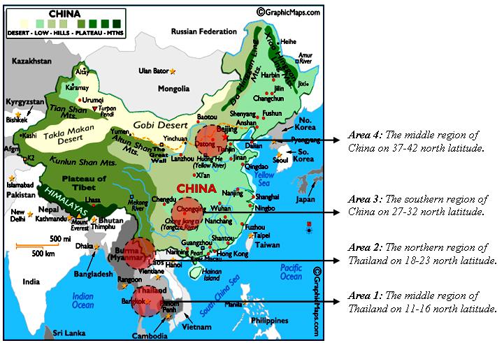 Figure 4: The 4 selected areas in China and Thailand for comparative study in building configuration factors.
