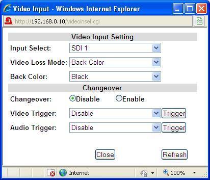 No outputs from SDI OUT1/2, 3/4, or COMPOSITE OUT1/2. Clicking block (1) on the Video block diagram when the FA-95CO option is installed opens the Video Input Setting dialog box as shown below.