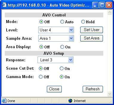 9-2-2. Auto Video Optimizer (AVO) Clicking block (2) on the video block diagram opens the Auto Video Optimizer dialog box. After completing the settings, click Close to close the dialog box.