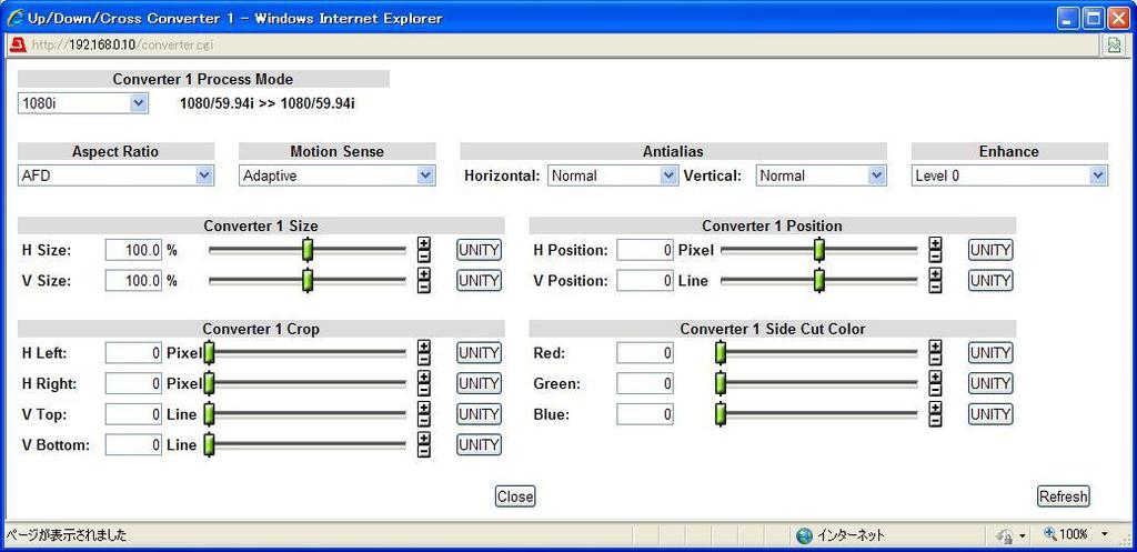 9-2-6. Converter1 Clicking block (6) on the video block diagram opens the Converter1 setting dialog box. After completing the settings, click Close to close the dialog box.