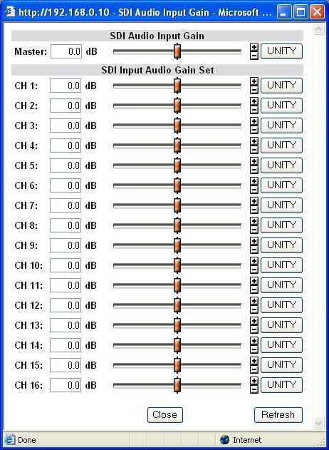 9-3-1. SDI Input Gain Clicking block (1) on the audio block diagram opens the SDI Audio Input Gain dialog box. After completing the settings, click Close to close the dialog box.