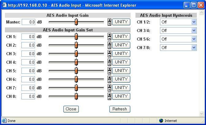 9-3-2. AES Audio Input Settings Clicking block (2) on the audio block diagram opens the AES Audio Input dialog box. After completing the settings, click Close to close the dialog box.