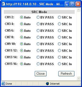9-3-6. SRC Mode Clicking block (6) on the audio block diagram opens the SRC Mode dialog box. After completing the settings, click Close to close the dialog box. Click Refresh to update the settings.