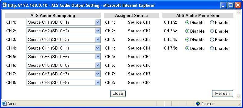 9-3-12. AES Audio Output Settings Clicking block (12) on the audio block diagram opens the AES Audio Output Setting dialog box. After completing the settings, click Close to close the dialog box.