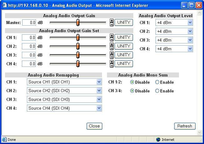 9-3-13. Analog Audio Output Settings Clicking block (13) on the audio block diagram opens the Analog Audio Output dialog box. After completing the settings, click Close to close the dialog box.