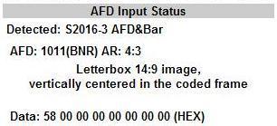 The line number in which the ancillary data is in is displayed. AFD Input Status Displays the status of AFD detection in the input signal.
