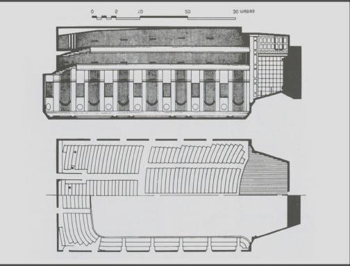 plans and section through Boston Symphony Hall, a shoe -box concert hall Up until this point in history, the performance spaces were being designed and constructed without a sophisticated