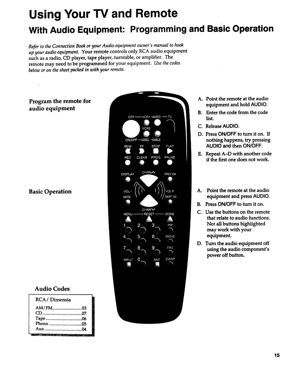 Using Your TV and Remote With Audio Equipment: Programming and Basic Operation Refer to the Connection Book or your Audio equipment owner's manual to hook up your audio equipment.