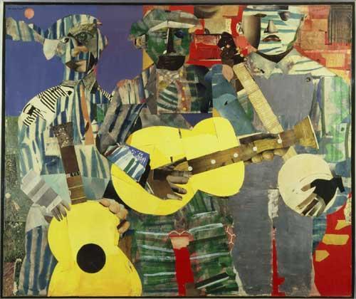 17. How did Bearden convey the powerful feeling of genuine folk music in his photomontage, Three Folk Musicians (pp. 8-9)?