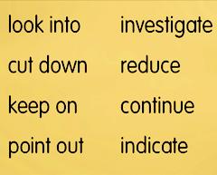 Let s look at some other examples of common phrasal verbs. Instead of look into, we would write investigate. Instead of cut down, we would write reduce. Keep on could be continue.