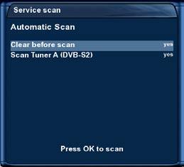 Navigate to the option Automatic scan and press the OK-Button. The Automatic scan menu will open up. 3. Use the Navigation-Buttons up and down to select the DVB-T Tuner and press the OK-Button.