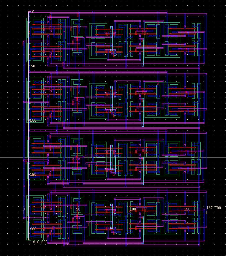Layout of the 4 bit counter The 4 bit counter extracted view, the VDD rail is on the left and GND rail is on the right.
