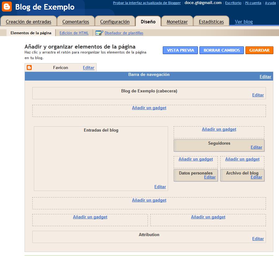 A imaxe anterior mostra a pantalla de Diseño de blogger. O primeiro que imos a facer é cambiar a plantilla do noso blog.