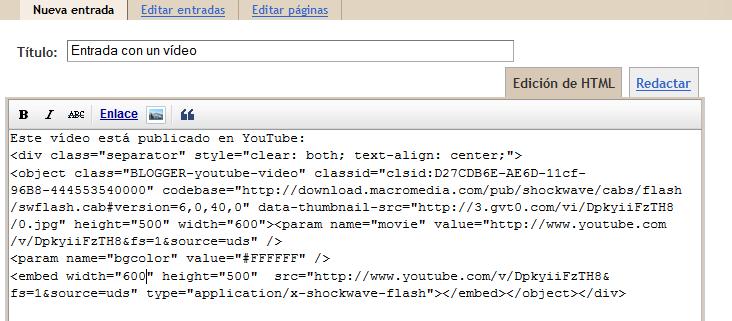 Para iso, antes de publicar a entrada pulsamos donde pon Edición de HTML na parte de arriba do editor para ver o código que inserta YouTube na nosa entrada: Nese código, nalgunhas partes podemos ver