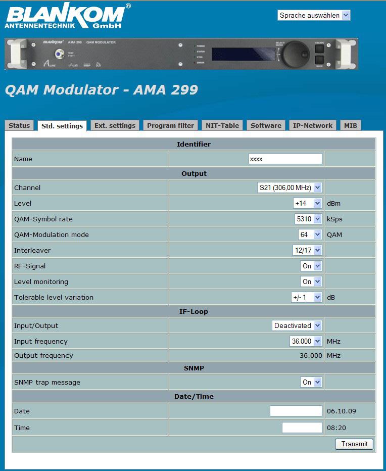 QAM-Data rate minus data rate after filter Device settings Identifier e.g. program name acc. adjustments in 6.3 Frequency acc. adjustments in 6.3 Level acc. adjustments in 6.3 Level monitoring acc.
