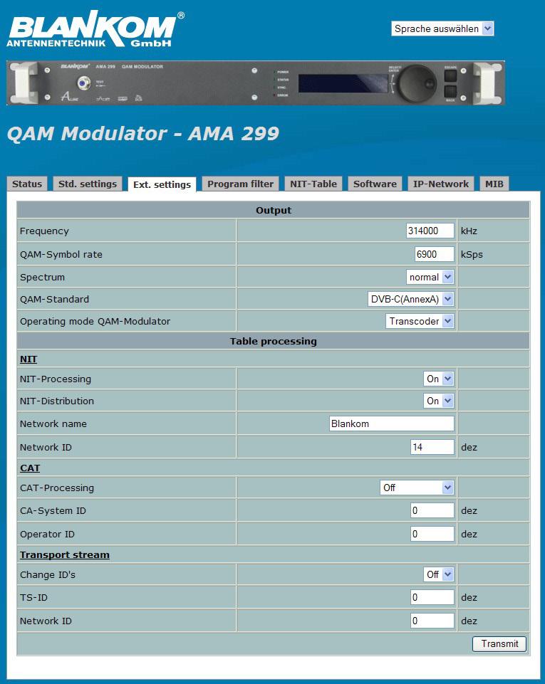 ASI -TS DVB-C / ITU-T J.83 Annex B, C 6.4 Extended settings Output Frequency QAM-Symbol rate Spectrum QAM-Standard Operating mode QAM-Mod. german, english adjustment range 45000.