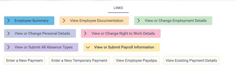 2.2.3 Expand the View or Submit Payroll Information folder and select the Enter a New Temporary Payment option: 2.2.4 The temporary element details screen will load.