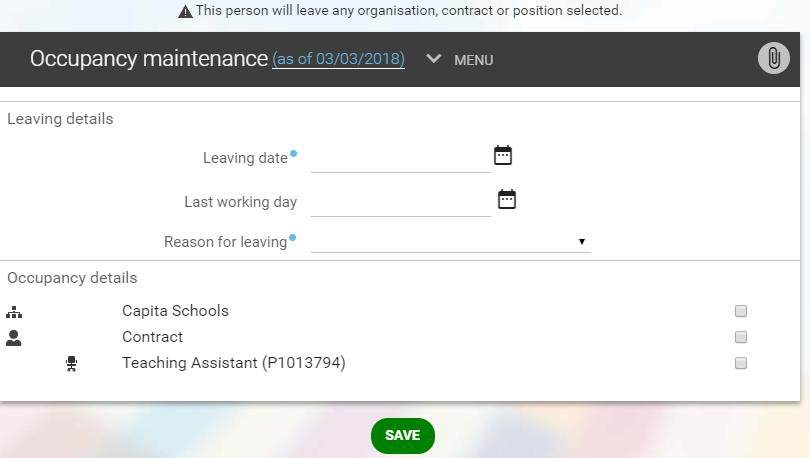 2.1.4 When prompted enter the leaving date/effective date: 2.1.5 You will be redirected to the Occupancy maintenance screen.