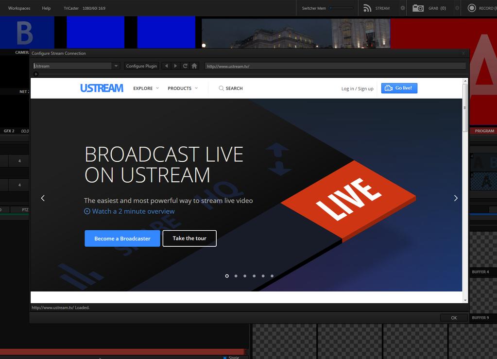 streaming provider and account using the built-in Web browser the default provider is Ustream (you will see the Ustream homepage in the Web browser) #4 If you have set up a Ustream account, click on