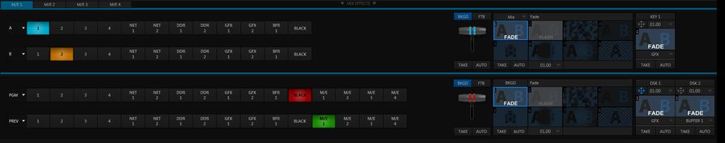 TriCaster Mini Go Make Your Show Guide 38 Click on the Preview row M/E 1 button Click on the Program row BLACK button #4 Click on the 2 button in M/E 1 row B #5 Click on the 1 button in M/E 1 row A