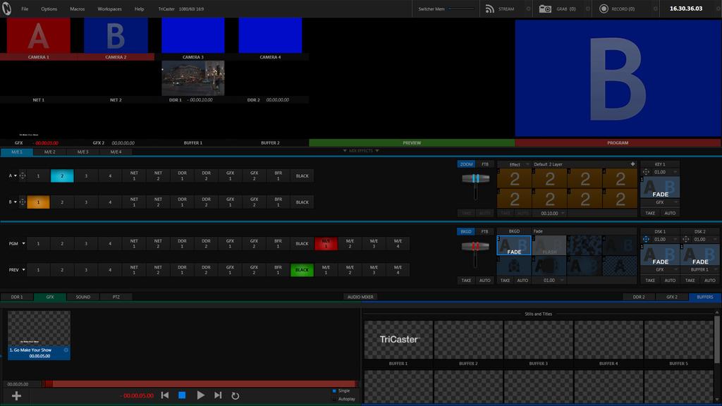 TriCaster Mini Go Make Your Show Guide 42 IMPORTANT: Toggle the mode for the M/E by using the mode selector button. This is the button to the right of the FTB button above the T-Bar.