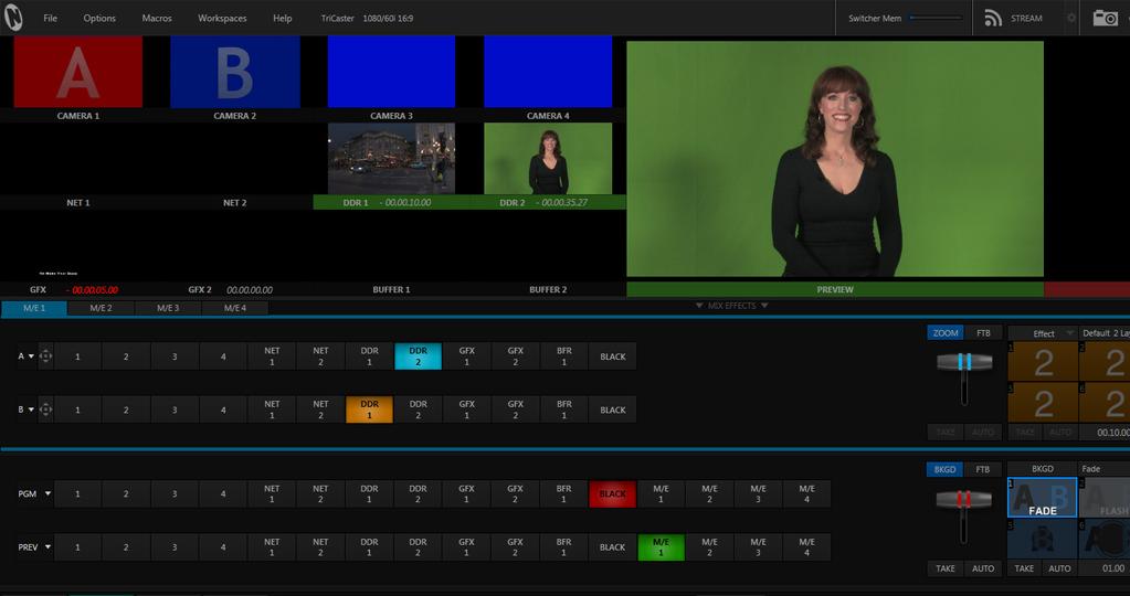 TriCaster Mini Go Make Your Show Guide 45 Now, follow these steps to set up M/E 1 for the layered effect: In row A of M/E 1, click on the DDR 2 button In row B of M/E 1, click on the DDR 1 button if
