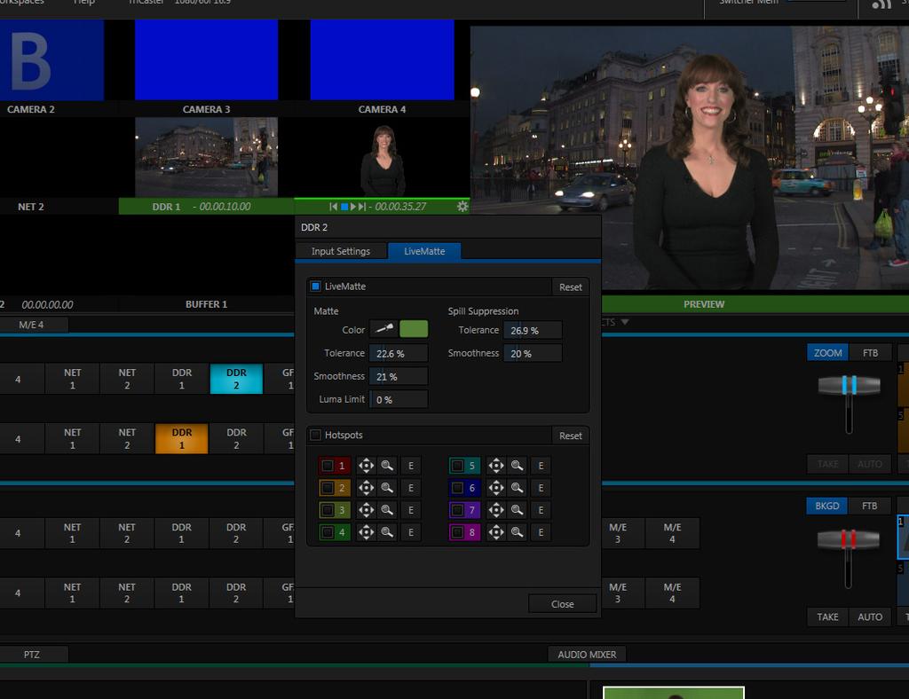 TriCaster Mini Go Make Your Show Guide 46 #5 While hovering over the green screen area of the DDR 2 video window, release the mouse button and watch what happens in the large Preview window When you