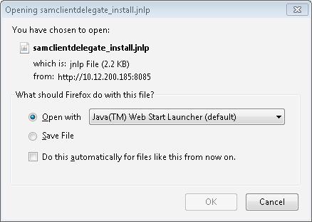 5620 SAM 5650 CPAM To install a client delegate server using a web browser 3 Click Install or Launch 5620 SAM Client Delegate. A form like the following is displayed.