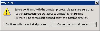 To uninstall a Windows client delegate server using a GUI 5620 SAM 5650 CPAM Figure 55 Uninstall 5620 SAM Client 6 As shown in Figure 56, Warning (p. 462), a warning is displayed.
